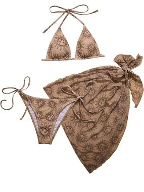 Sun & Moon Womens Tie Bikini 3 Piece Set Tan Size L Swim Suit Beach Vacation Sun